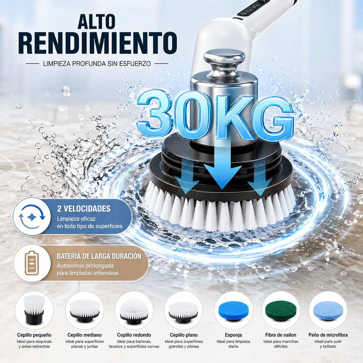Cepillo eléctrico de limpieza multifuncional – limpia fácil y sin esfuerzo con 6 cabezales