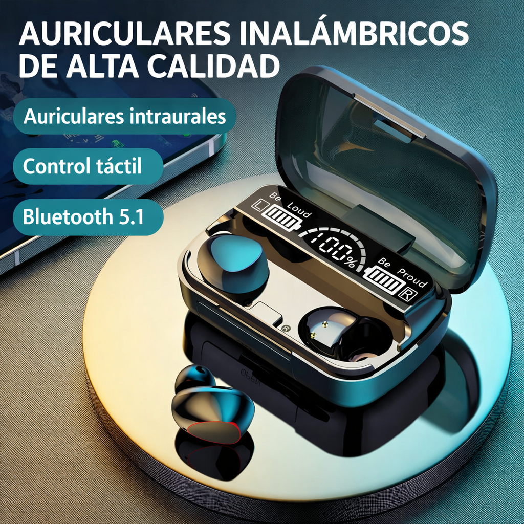 Audífonos inalámbricos M10 – sonido potente con estuche de carga y pantalla LED